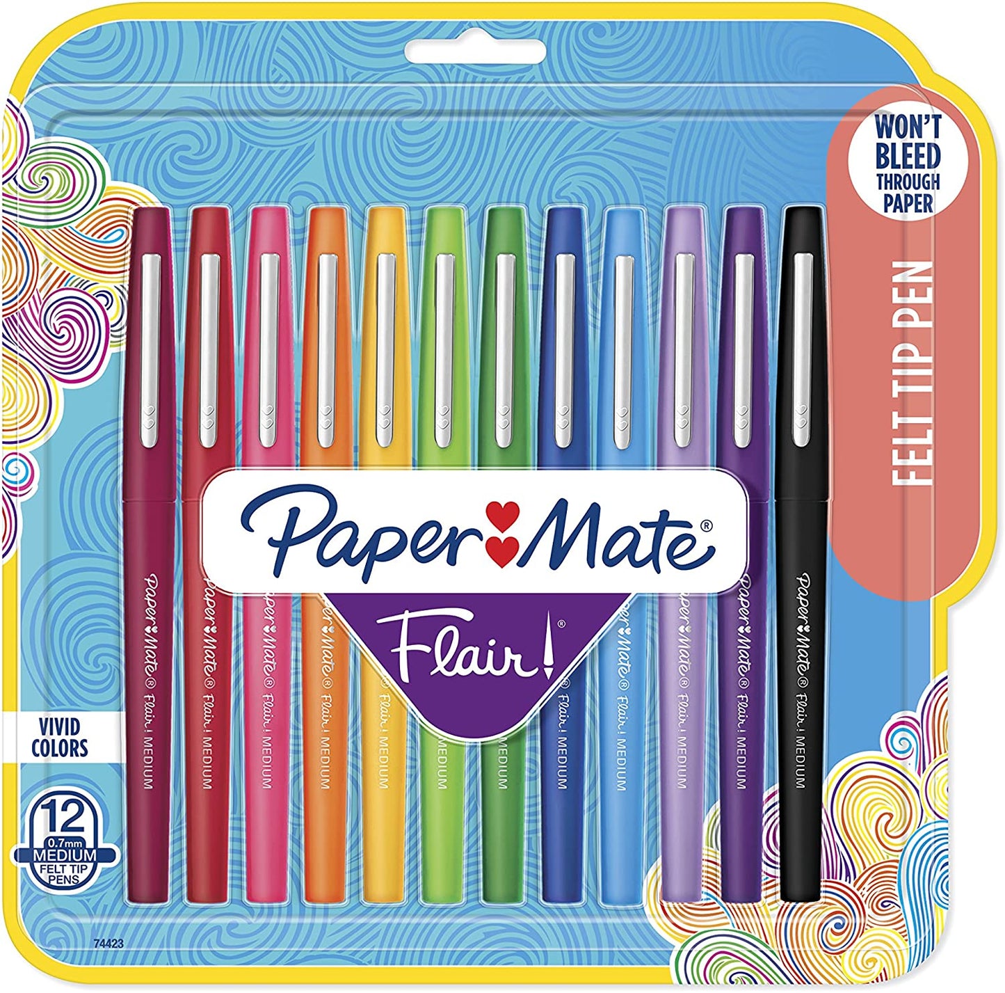Paper Mate Flair Felt Tip Pens, Medium Point (0.7mm), Assorted Colors, 12 Count