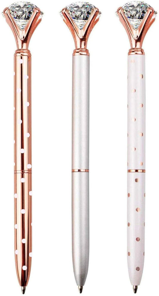 LONGLEY 3PCS Diamond Pens Big Crystal Diamond Ballpoint Pen Bling Metal Ballpoint Pen